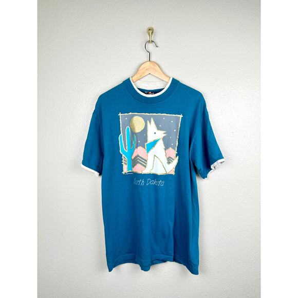 Vintage 90s North Dakota Wolf Cactus Moon Graphic Tee T Shirt Crewneck Top L - Picture 1 of 14